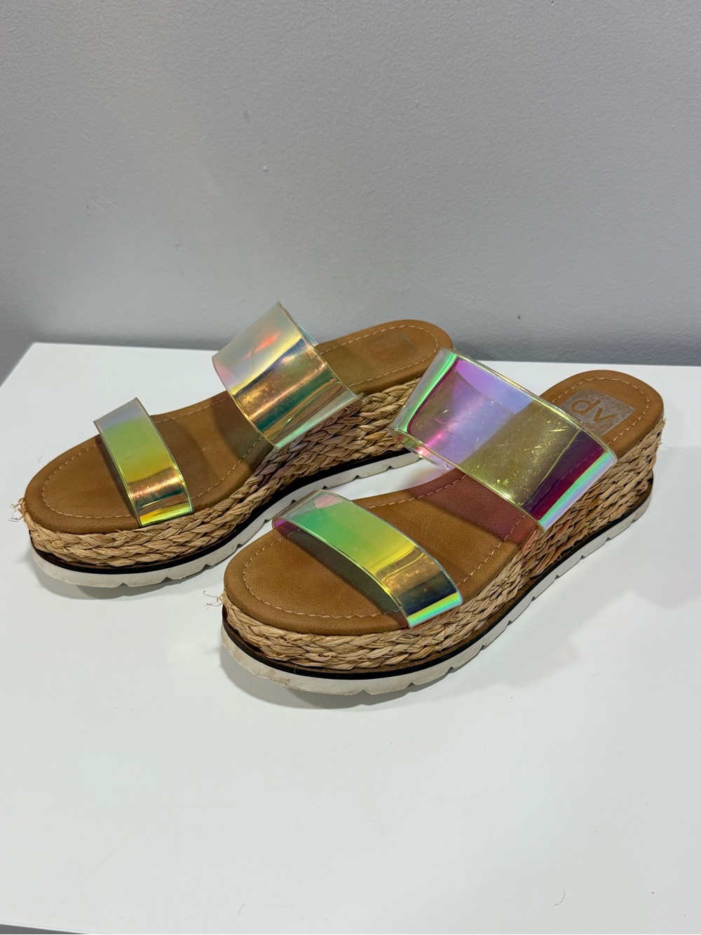 Wedge Slide Sandals with Iridescent Straps - Women